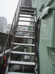 屋上への階段にも積もってます。クリックすると大きくなります。